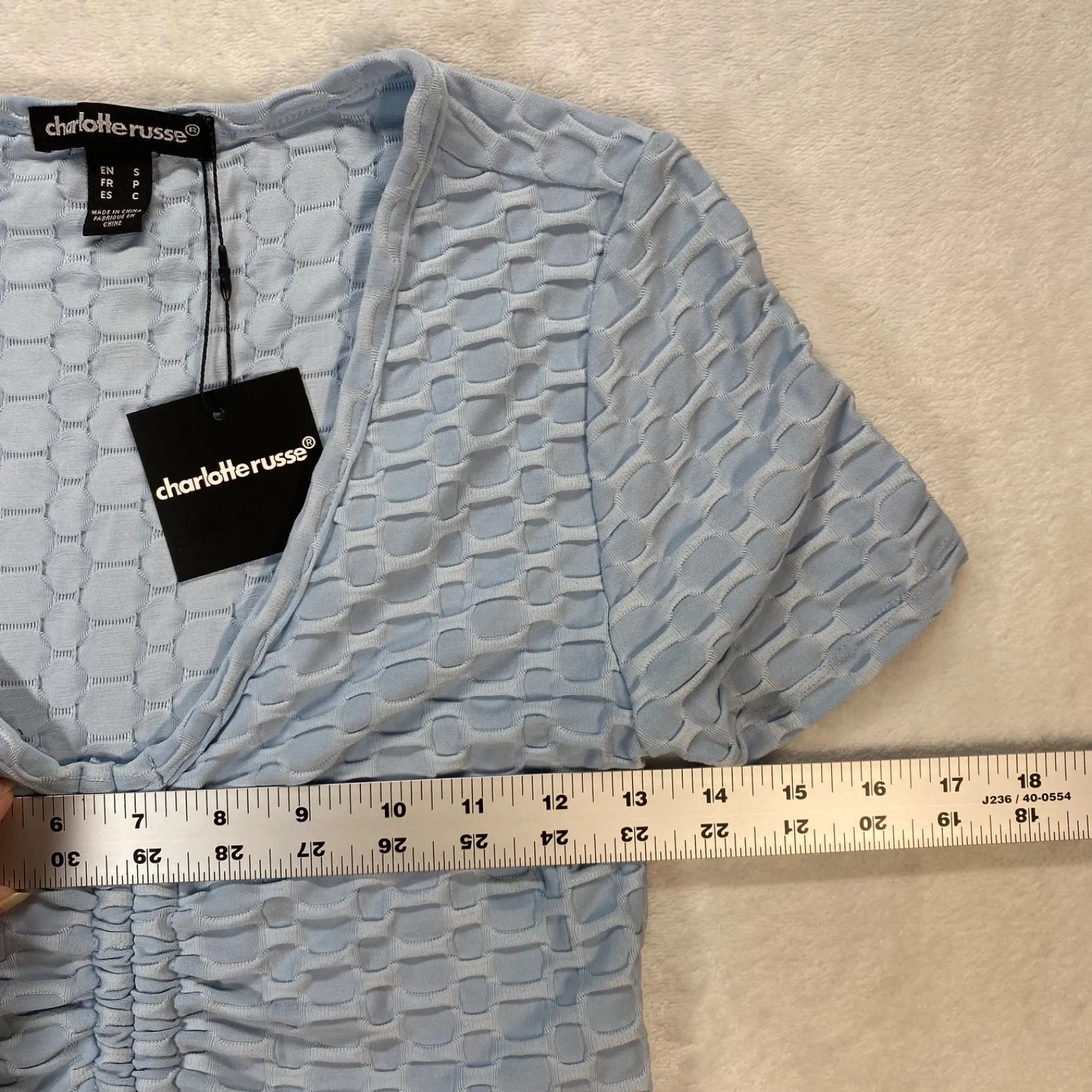 Charlotte Russe Ruched Front Crop Top Plunge Neck Textured‎ Blue Small y2k 2000s - Image 2