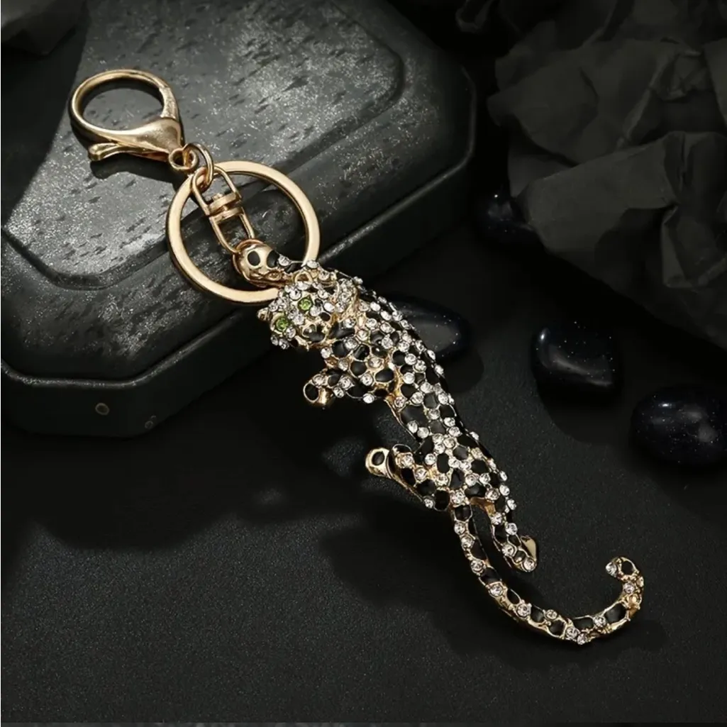 🐆 LEOPARD Climbing Bag Charm Keychain Rhinestones Green Eyes Gold - Image 11