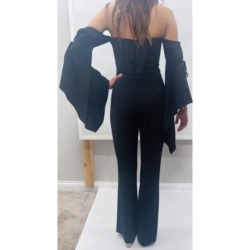 White House Black Market  Black Off The Shoulder Drama Sleeve Jumpsuit 2 H16 - Image 4