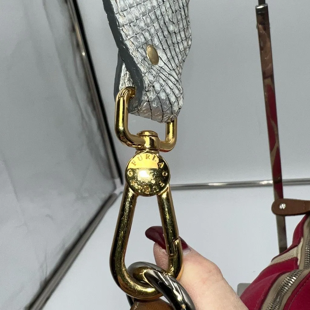 Furla Vintage‎ Canvas And Hot Pink with Silver Snake Embossed Shoulder Strap Bag - Image 7