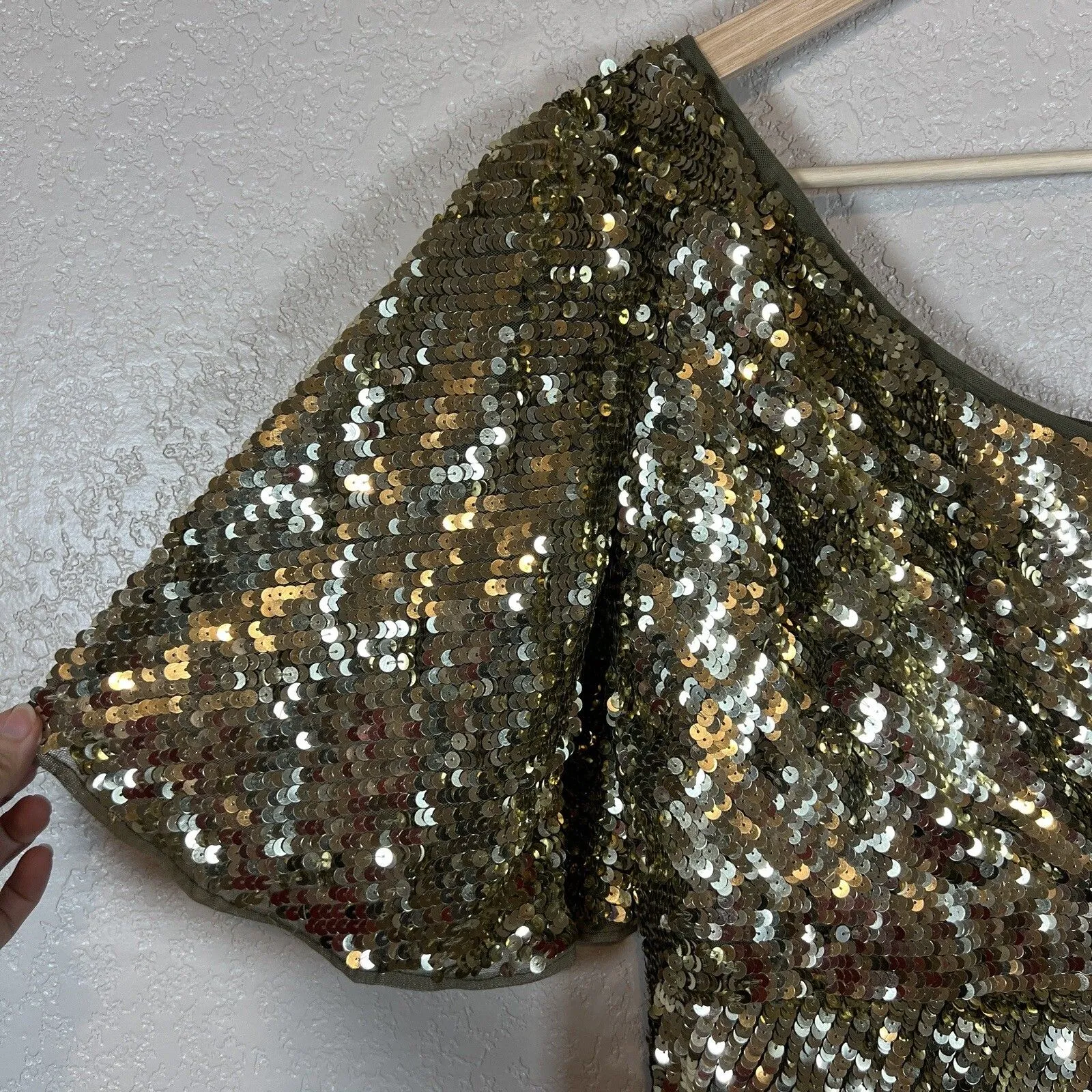 Mac Duggal Evening Gown Size 2 Gold Embellished Cap Sleeve Cowl Neck Trumpet - Image 5