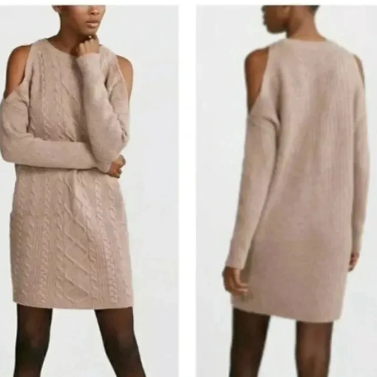 Express | Wool Blend Caramel Tan Ribbed Cold Shoulders Sweater Dress Size XS - Image 2