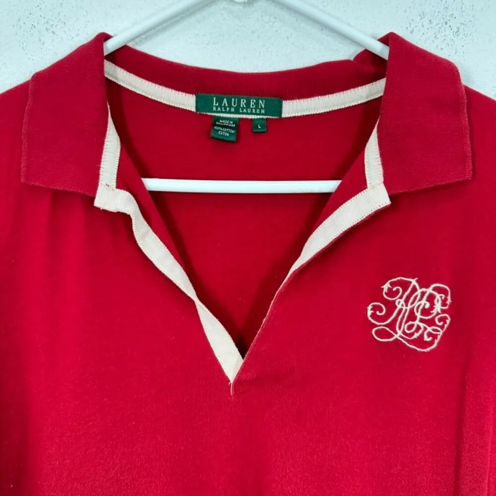 Lauren Ralph Lauren Size‎ Large Vintage V Neck Polo Embroidered Monogram Preppy - Image 5