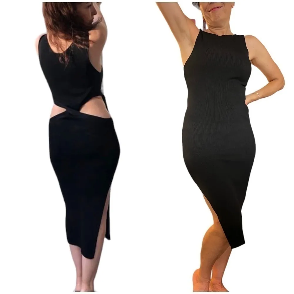Midriff cutout Sweater Dress Cut out Waist 2 way, black, size L, side slit Black Size L - Image 3