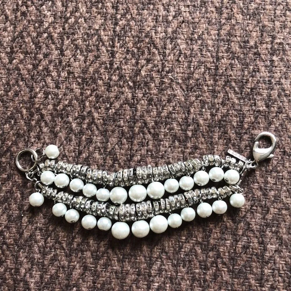 Cache Pearl and Rhinestone Bracelet Heavy Silver Metal Rondelle New NWT $98 - Image 9