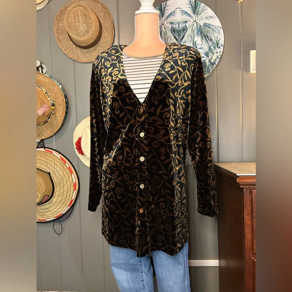 Vintage Black w/ Gold Vines Velvet Cardigan Large - Image 5