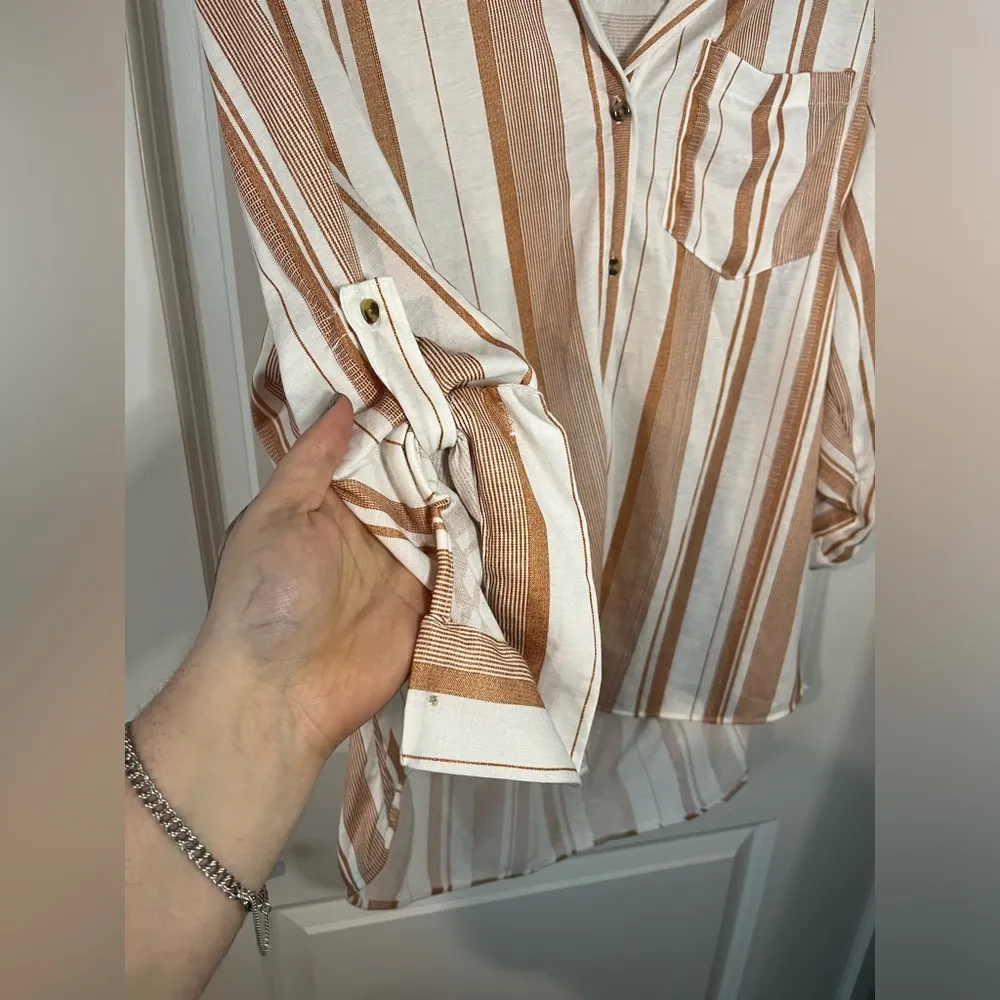 Eden + Olivia Button Up Orange & White Stripes Chic Flare Pocket Blouse Size XL - Image 10