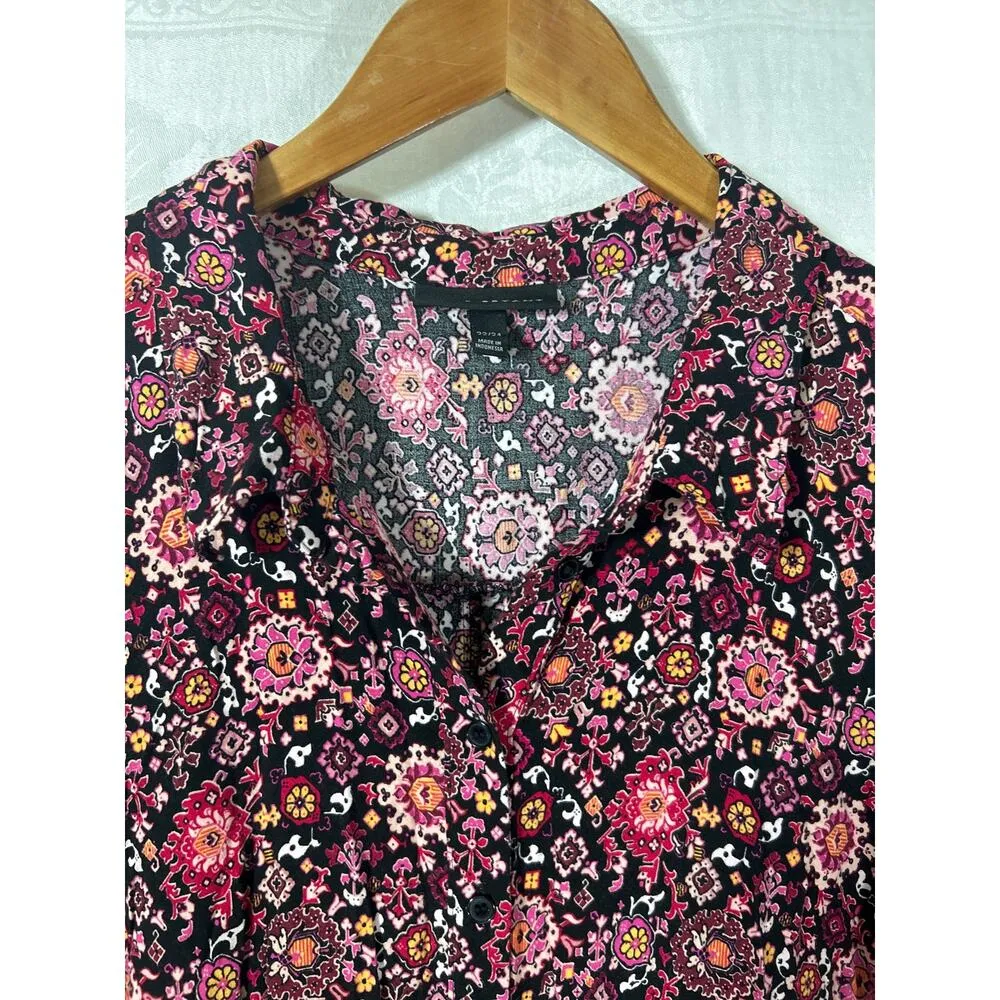 Lane Bryant Tunic 22 24 Black Pink Floral Shirt Dress Roll Tab Boho Flowy Long - Image 7