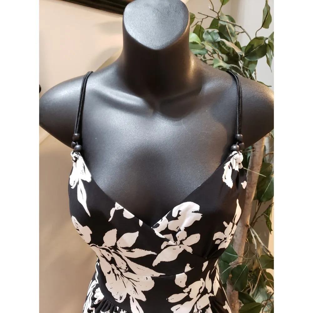 American Living Long Maxi Dress Women's 14 Black White Floral Spaghetti Strap - Image 11