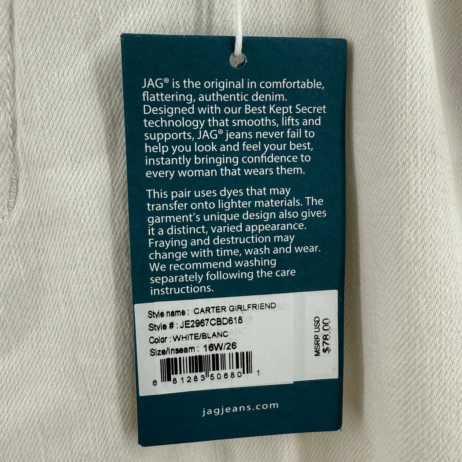 JAG Carter Jeans Size 16W NWT Midrise Girlfriend White Plus Curvy Cotton Stretch - Image 8