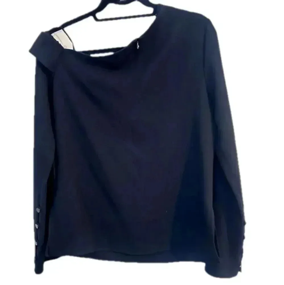 TIBI Asymmetrical Top Black Pullover One Shoulder Long Sleeve Button Women’s 6 - Image 2