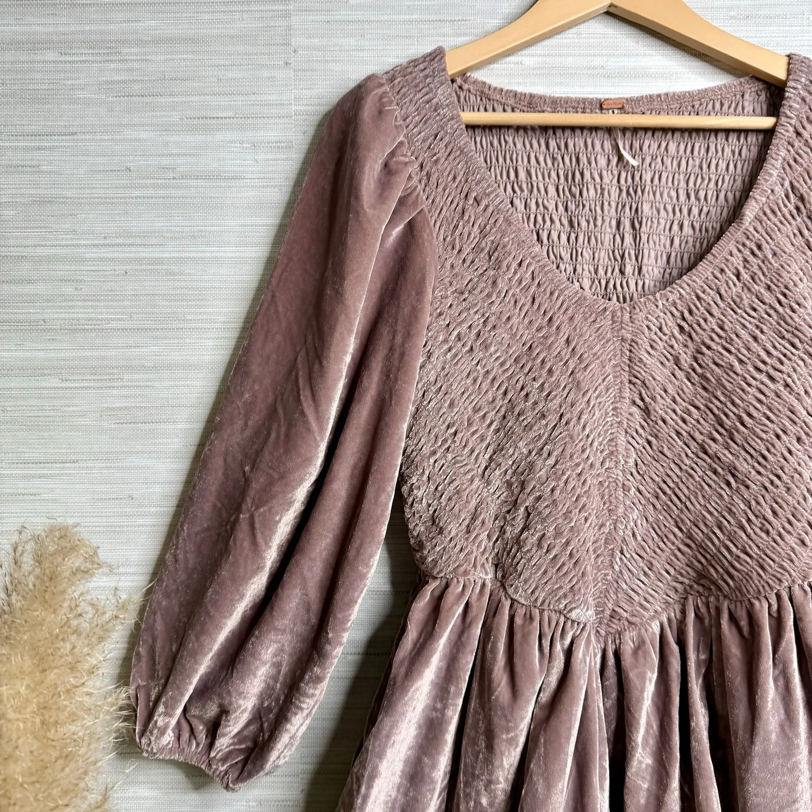 Free People mini dress velvet smocked pleated boho cocktail party XS - Image 2