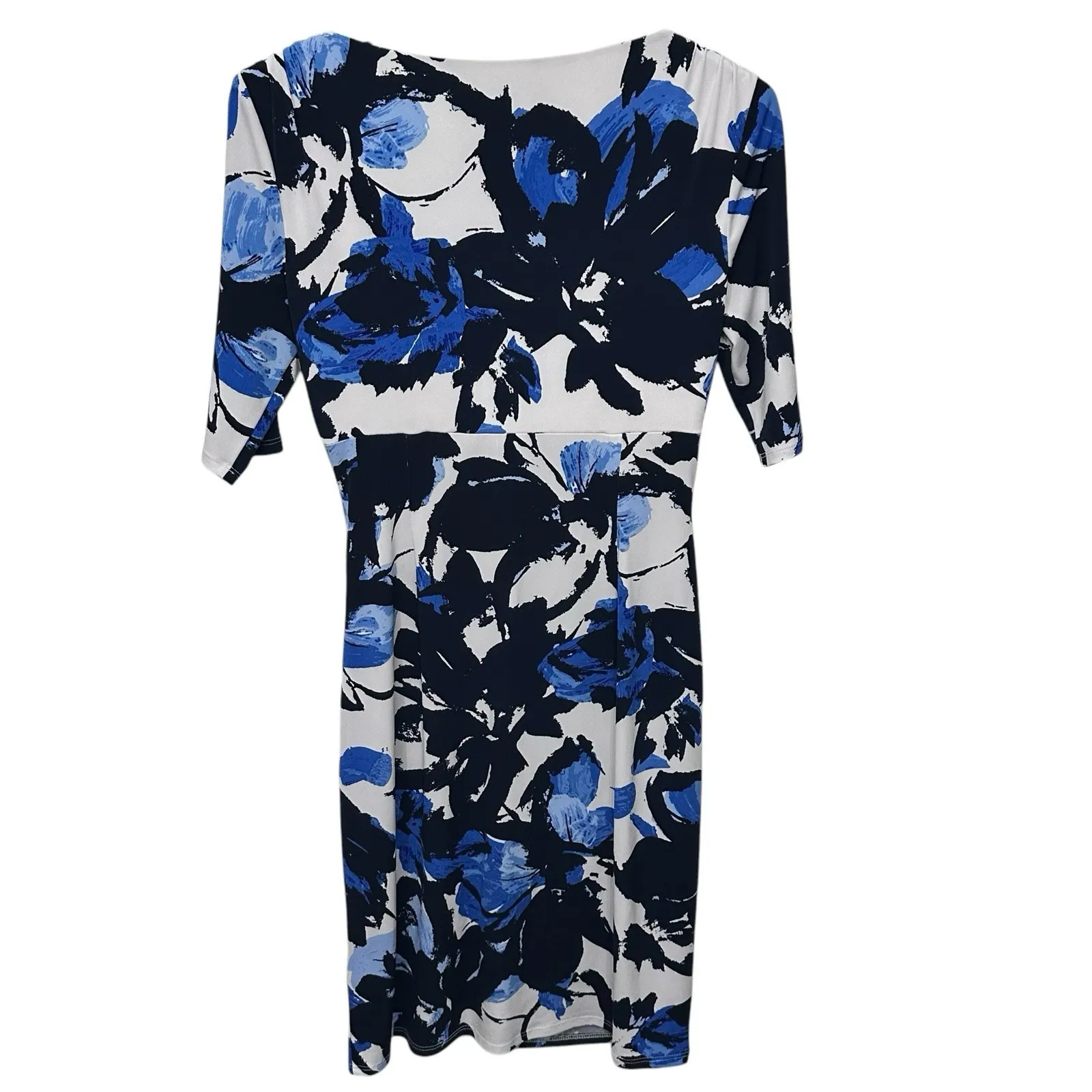Ralph Lauren Women's‎ Dress Floral Navy Ceil Blue On White Size 4 Petite Ruched - Image 5