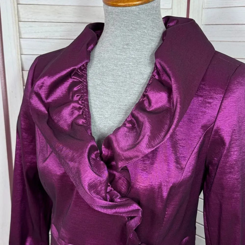 Nipon Boutique Ruffle Shawl Collar Pleat Sash Evening Top Taffeta‎ Pink Purple 8 - Image 5