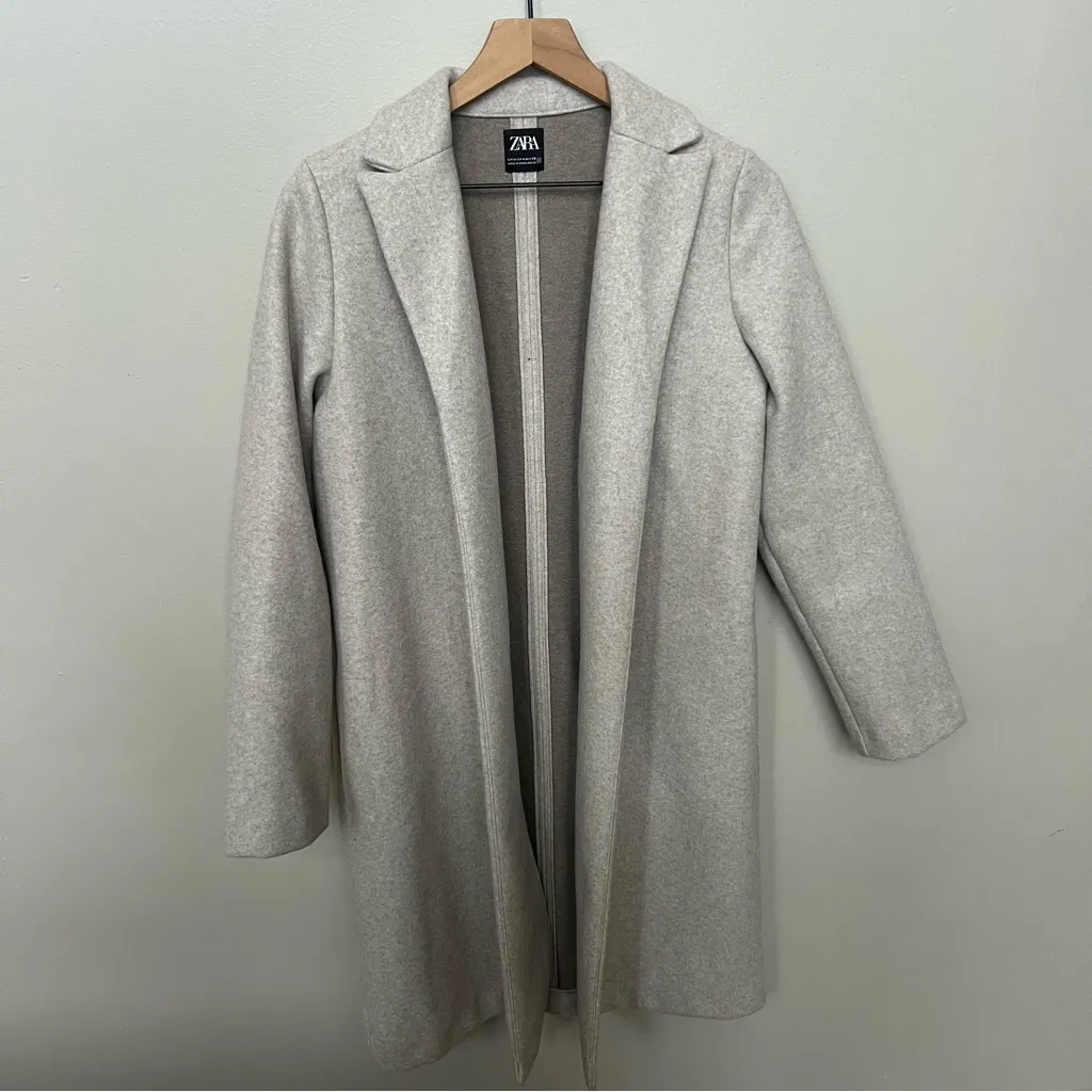 Zara Beige Open Front Trench Midi Felt Texture Coat Collar & Pockets Women’s Med - Image 5