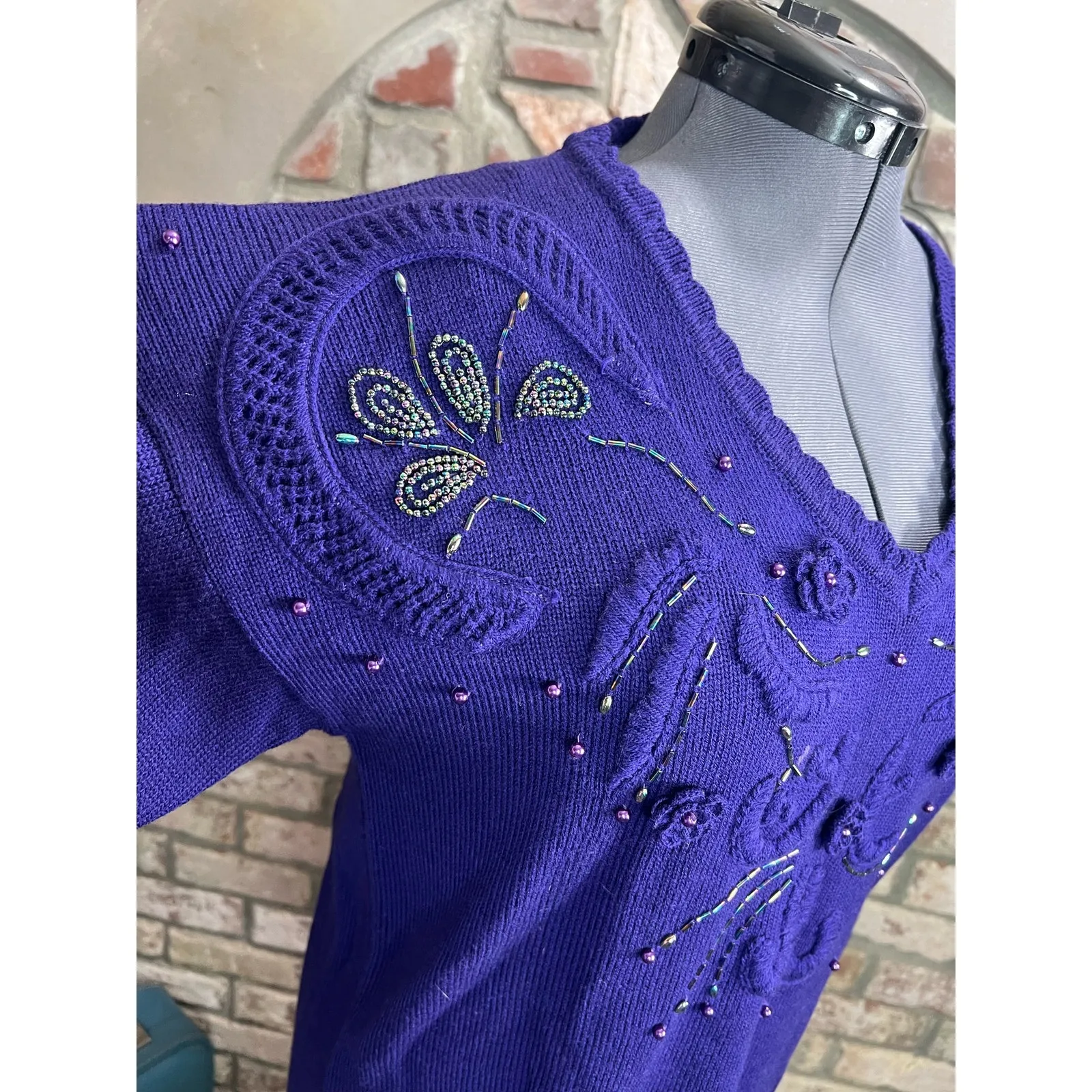 Sweater Dress beaded embellished glam 1980s shoulder pads purple Size M - Image 3