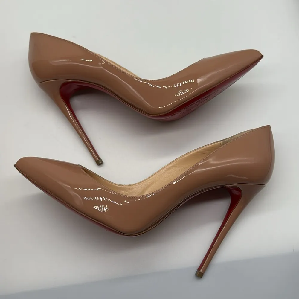 Louboutin Pigalle Follies Leather 100mm Red Sole Pumps Heels Nude Patent Size 39 - Image 7