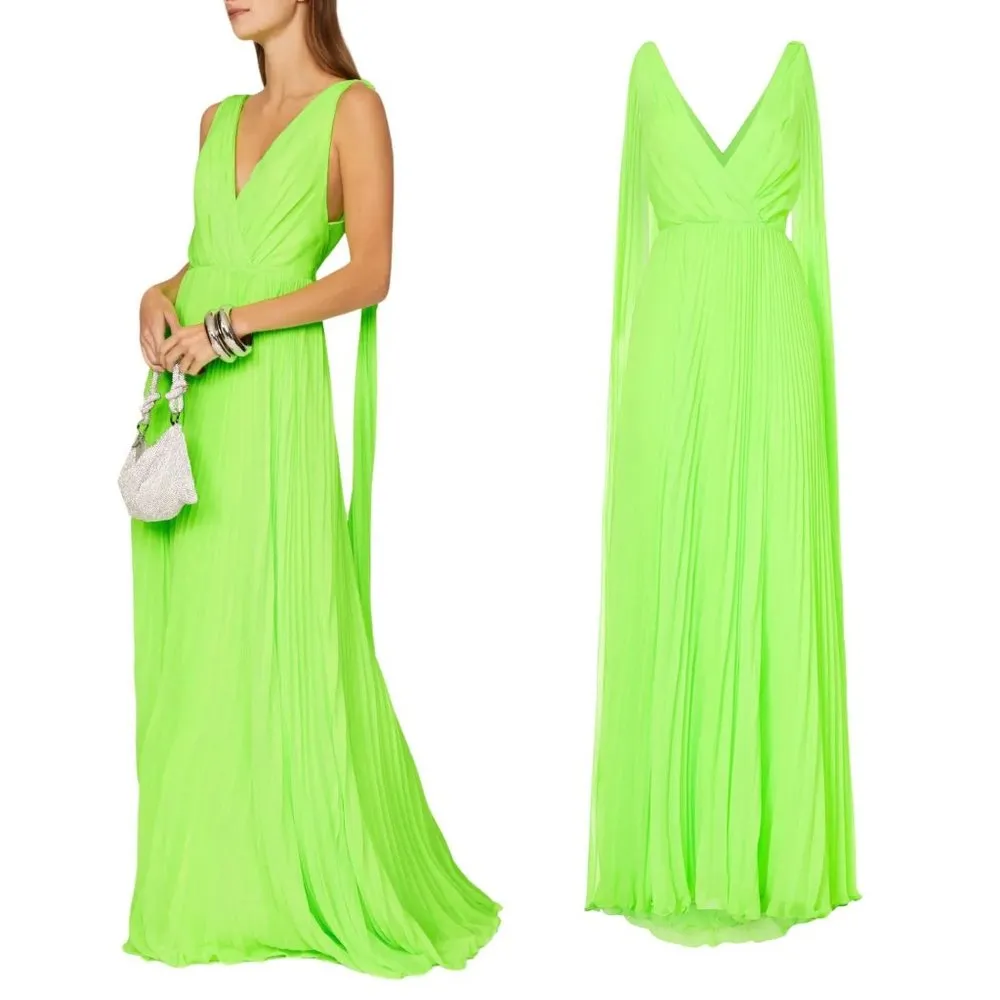 ML Monique Lhuillier Neon Pleated Chiffon Evening Gown Size US 4 Green - Image 2