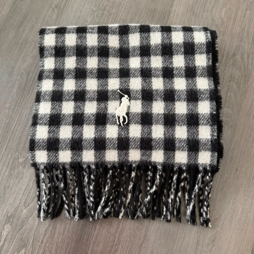 Polo Ralph Lauren Lamb wool black white gingham plaid fringe scarf NWOT - Image 7