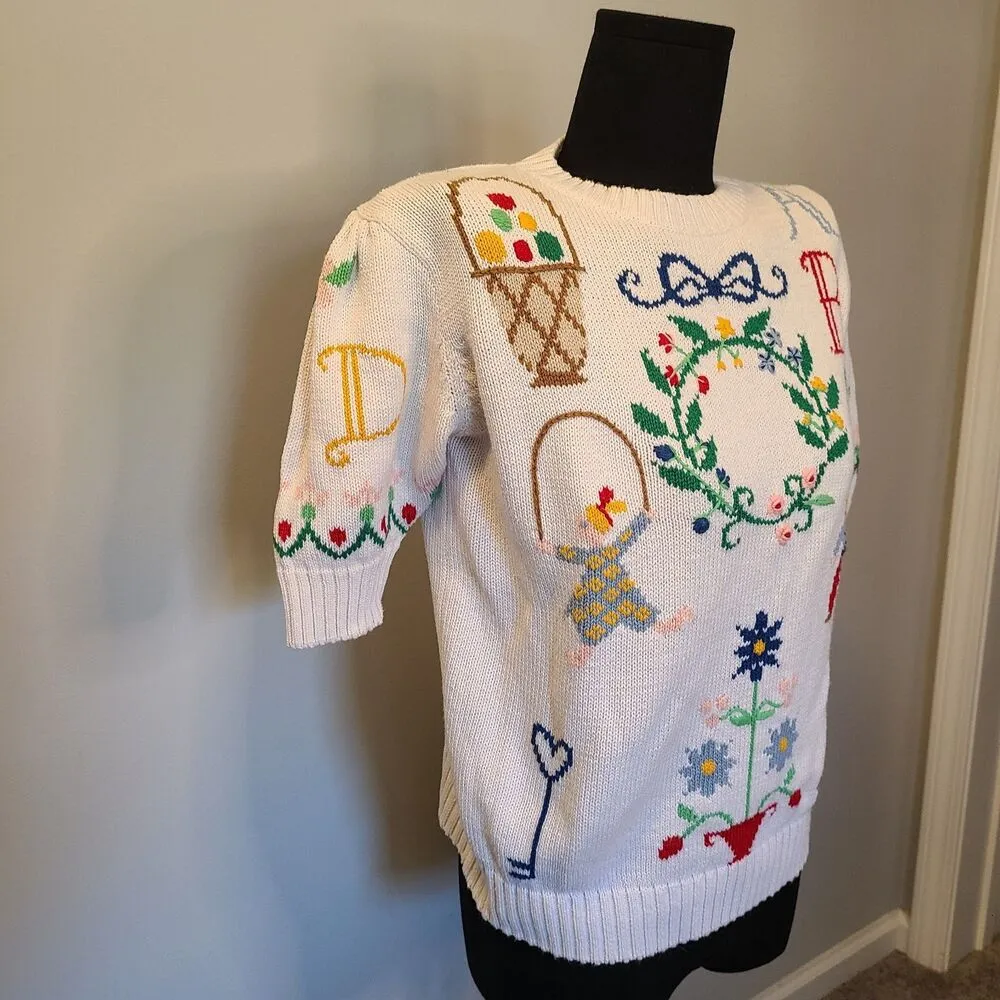 Vintage Hand Knit Sweater Grandma Cottage Core Size Small Easter ABCs Teacher - Image 2