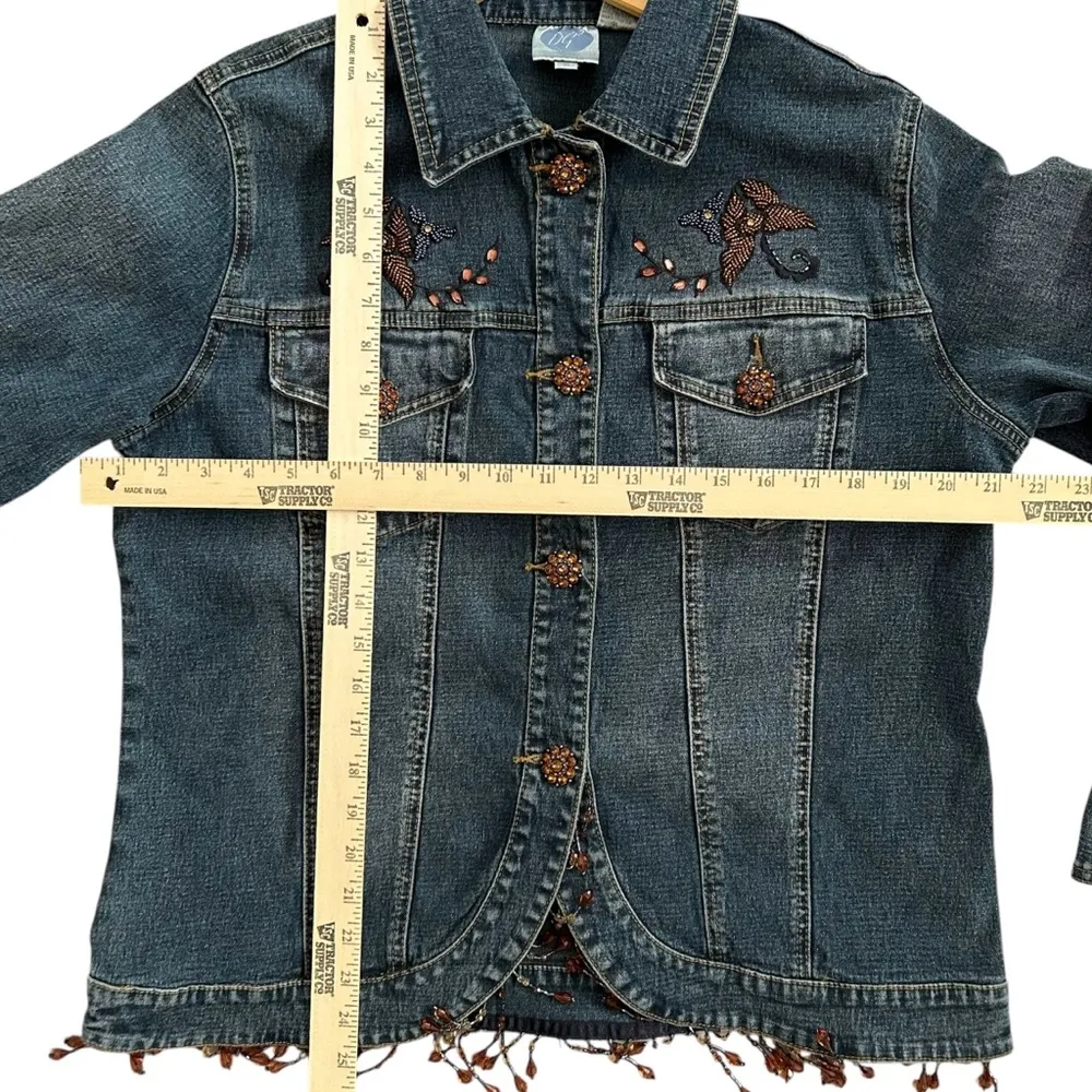 Diane Gilman Women’s Denim Funky Boho Jacket Rhinestone Buttons Beaded Fringe Blue Size M - Image 5