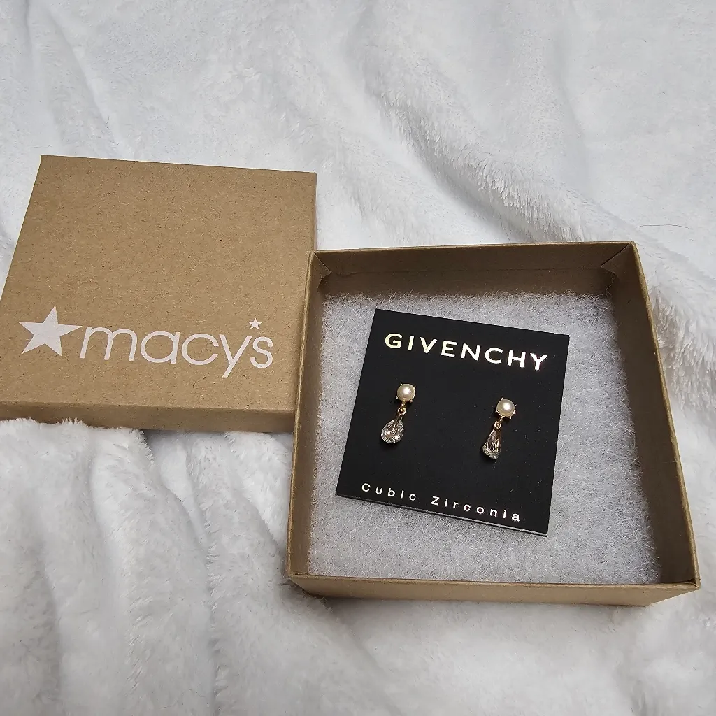 Givenchy Faux-Pearl Cubic Zirconia Gold Tone Drop Earrings - Image 2