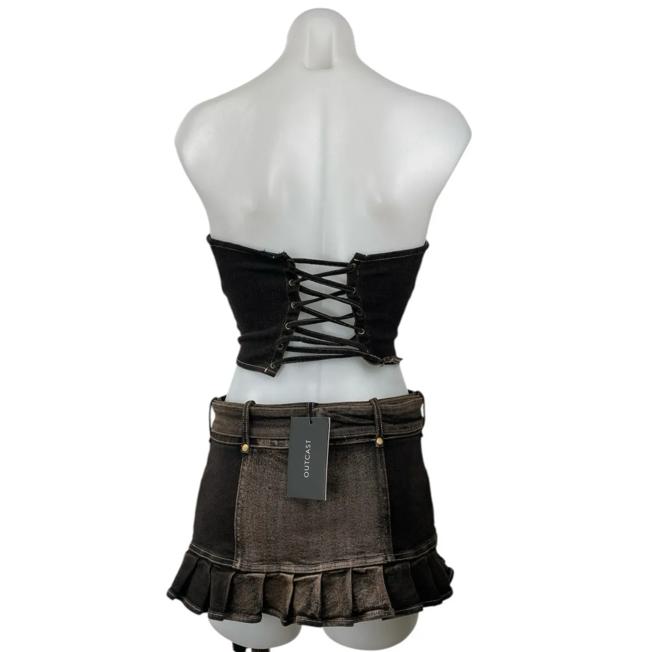 NEW Outcast Wynn Brown Metallic Strapless Bandeau Cutout Mini Denim Dress Sz XS - Image 3