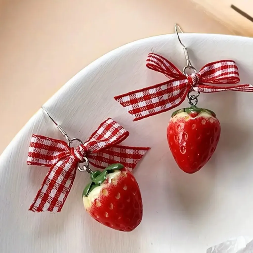 Strawberry Gingham Bow Earrings Red - Image 4