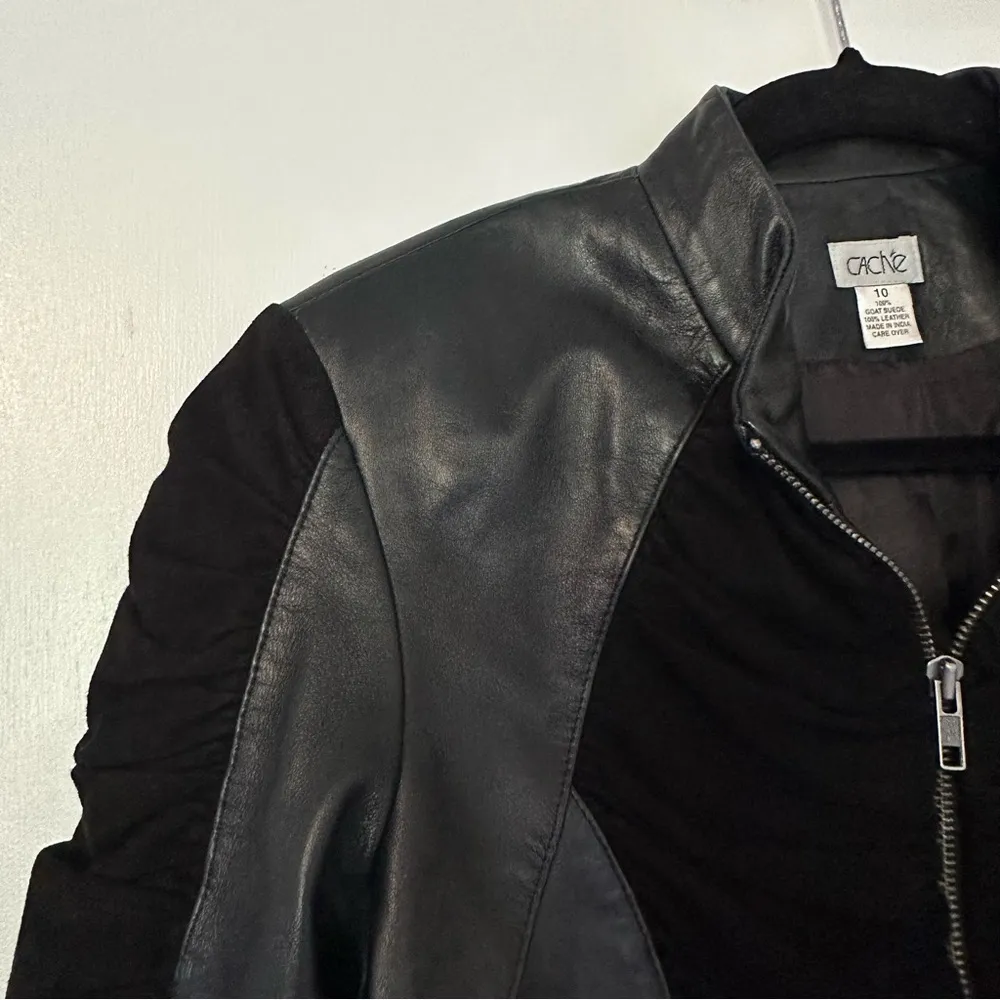 Cache Goat Suede Leather Ruched Sleeve Zip Jacket - Image 2