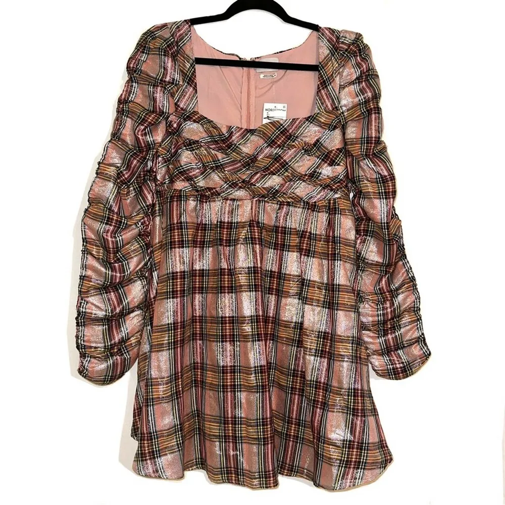 NEW Saylor Yulia Long Sleeve Metallic Plaid Babydoll Mini Dress MEDIUM - Image 3