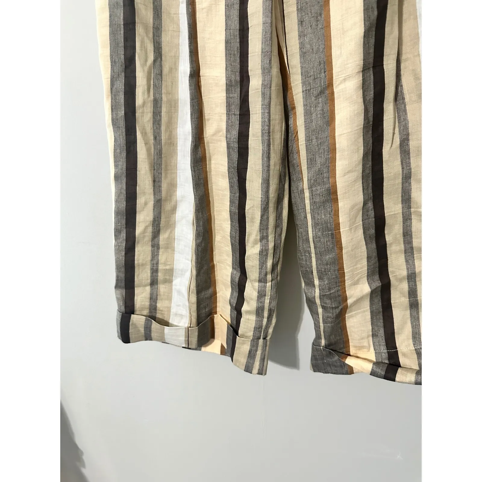 Manila Grace Striped Wide Leg Linen Blend Pants Beige Brown Women's Size 4 Tan - Image 7