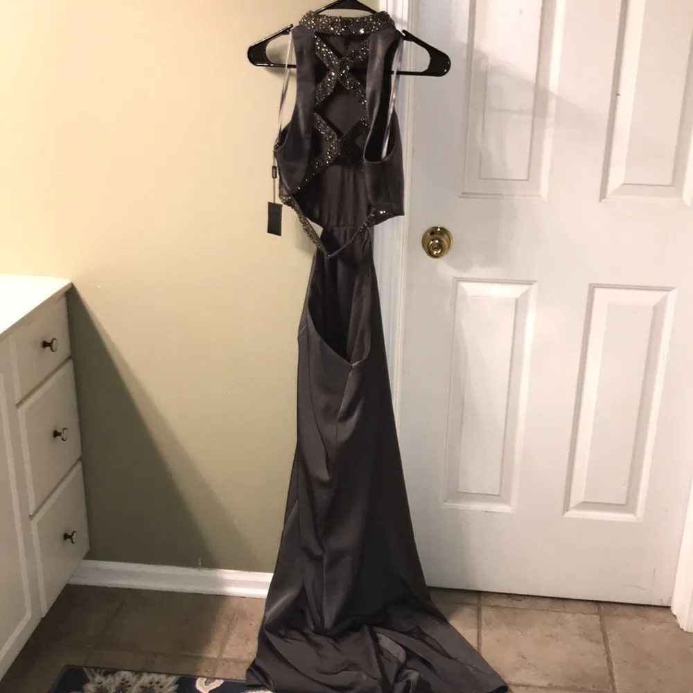 La Femme Gray Beaded Halter Cutout Open Back Formal Prom Dress - Image 4