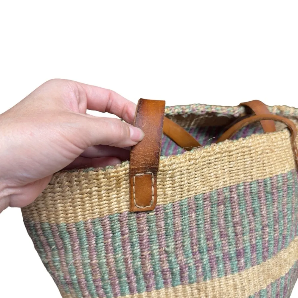 Handwoven Handcrafted Boho Sisal Straw Leather Kiondo Market Bag Vintage 80’s Tan - Image 16