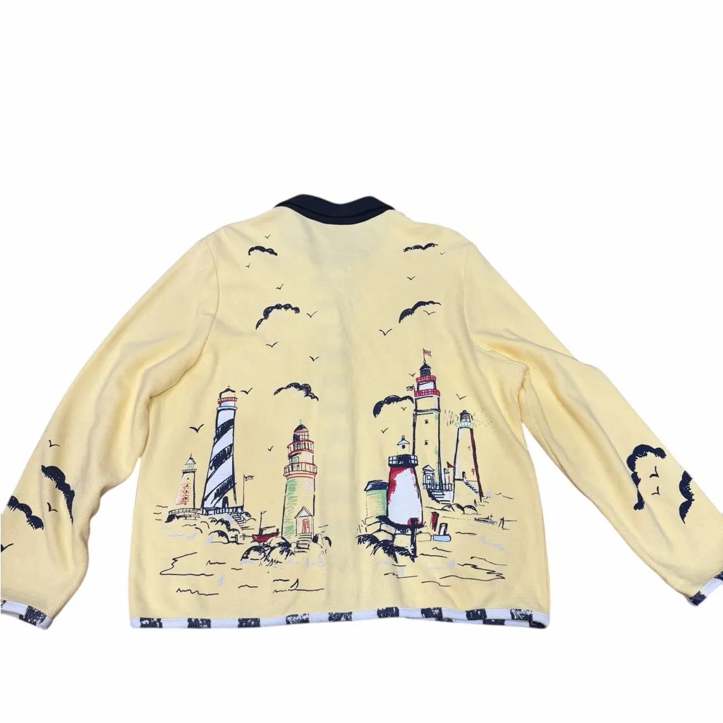 ⛵️Vintage Sportelle Lighthouse Print Cardigan |Yellow Coastal Sweater | L 🌅 Yellow Size L - Image 8