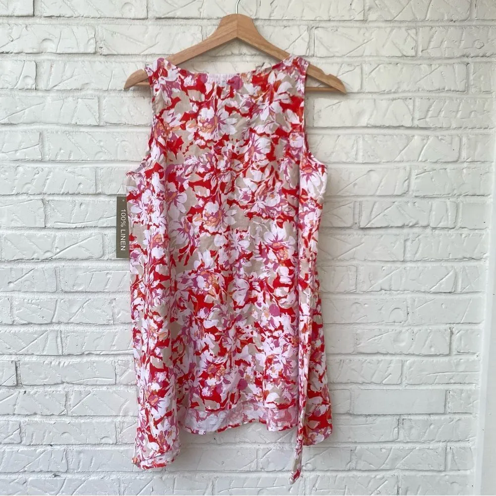 Peck & Peck Women's Floral Red/Cream/White 100% Linen Tank Top Size Small - Image 2