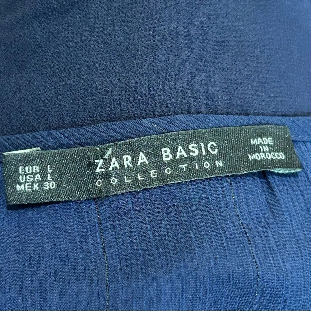 ZARA Keyhole Ruffle Hem Sheer Top Womens Size L Bell Sleeves Navy Metallic - Image 5