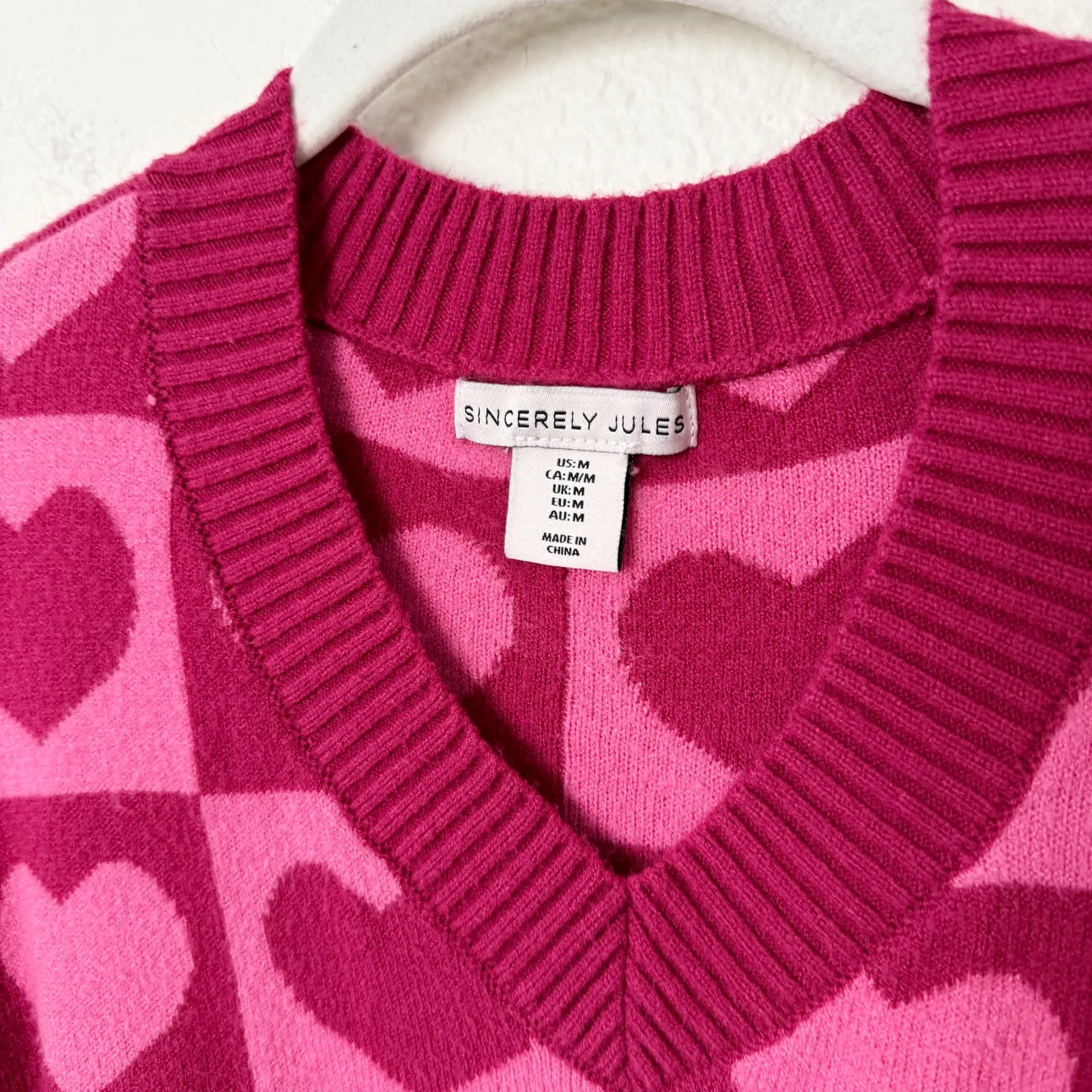 [Sincerely Jules] Pink Geometric Heart Print V-Neck Oversized Sweater Sz Medium - Image 9