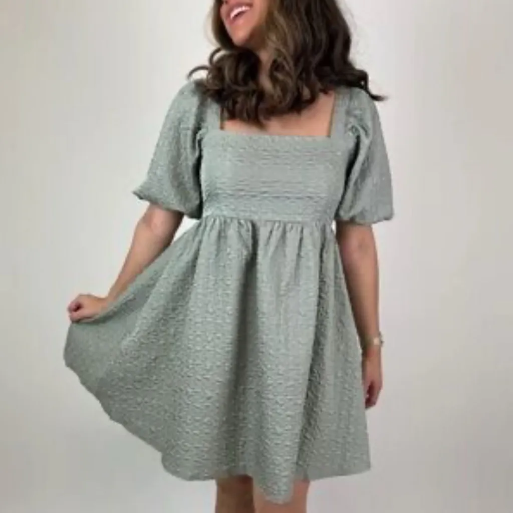 Mittoshop sage large puff sleeve bohemian mini babydoll dress with pockets NWT L - Image 10