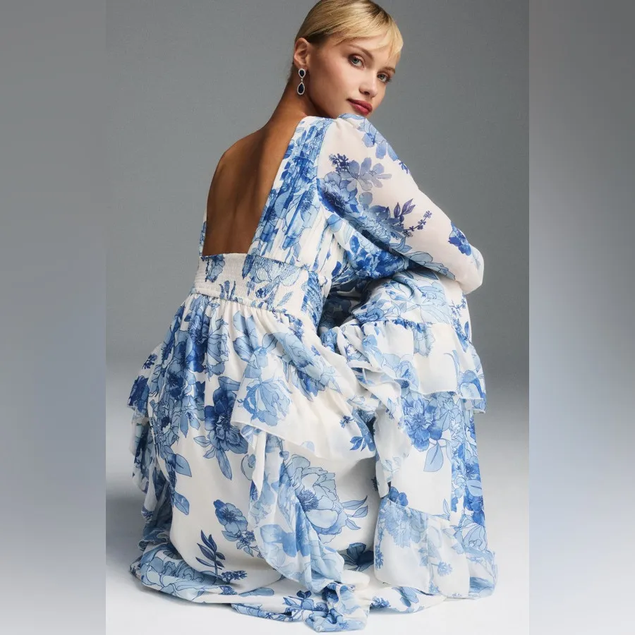 Anthropologie BHLDN Long Sleeve Chiffon Blue Floral Maxi Dress Size Medium - Image 2