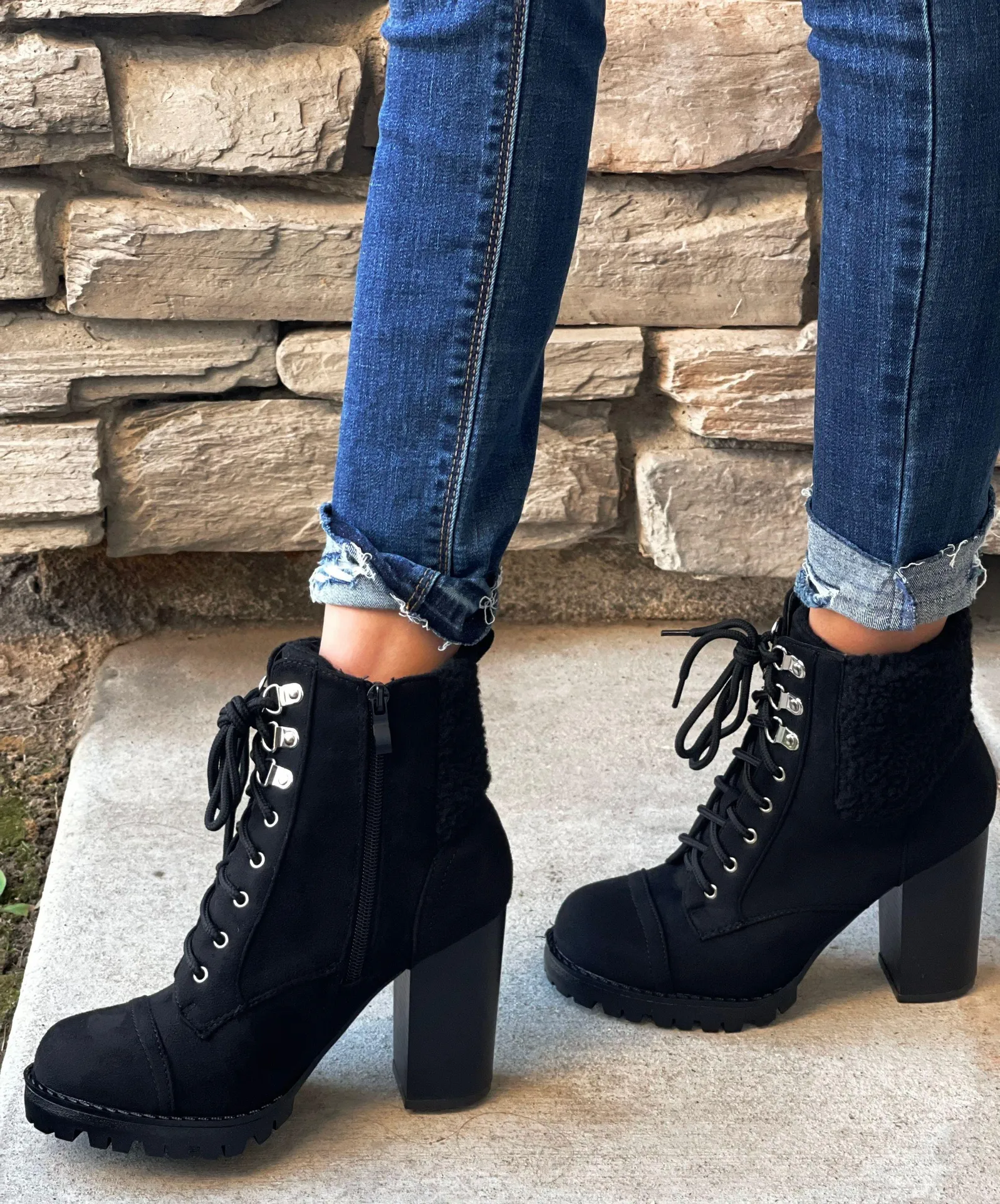 Black Sherpa Lug Sole Chunky Heel Bootie  - Image 2
