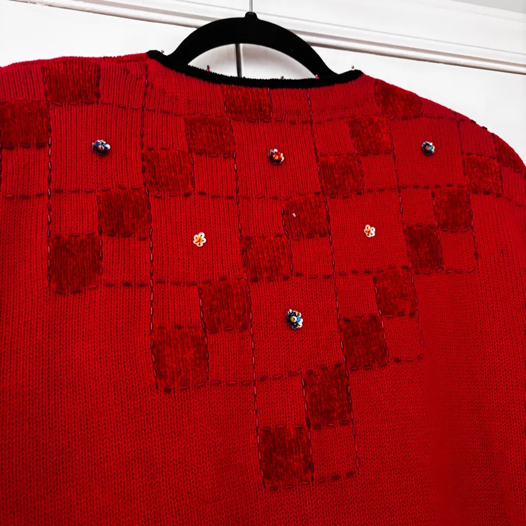 Berek Vintage Floral‎ Beaded Red Cardigan Beaded Fringe Size XL Checkered Sequin - Image 12