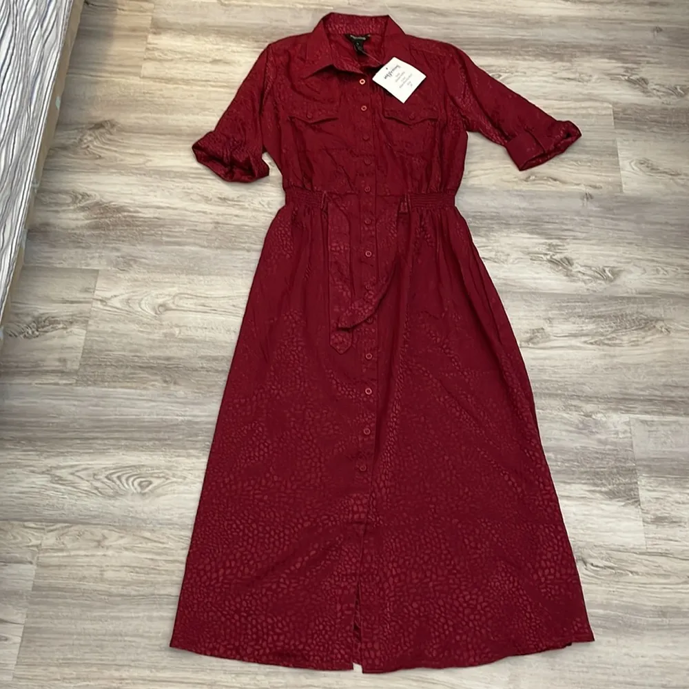 NWT Millennium Red Silky Short Sleeve Elastic Tie Waist Midi Dress Size Medium - Image 6