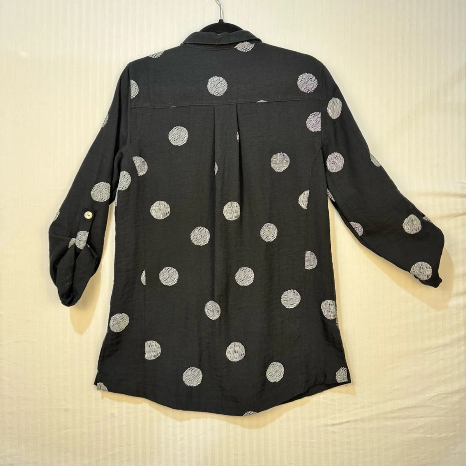 John Mark Black Button-Down Collared Shirt Dress White Polka Dots Size Small - Image 3