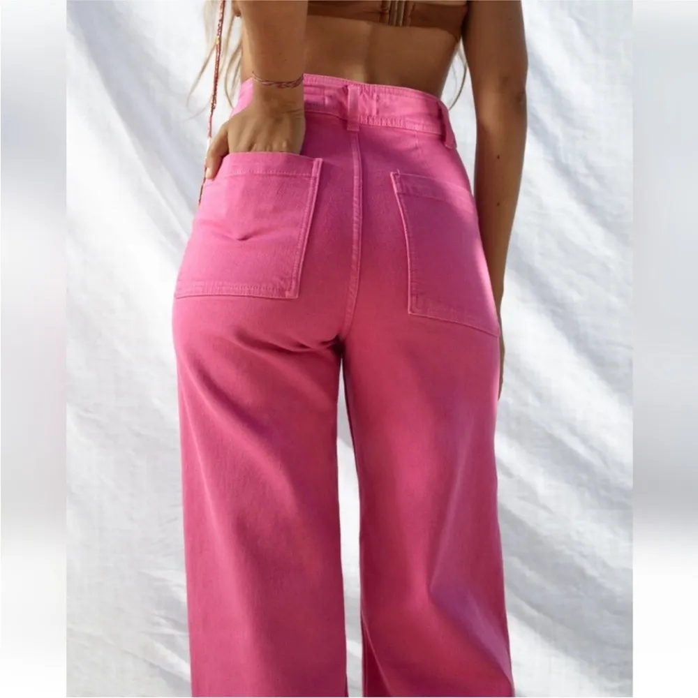 Zara Marine Straight Bright Pink Jeans Sz 2 High Rise Flare Raw Hem - Image 2