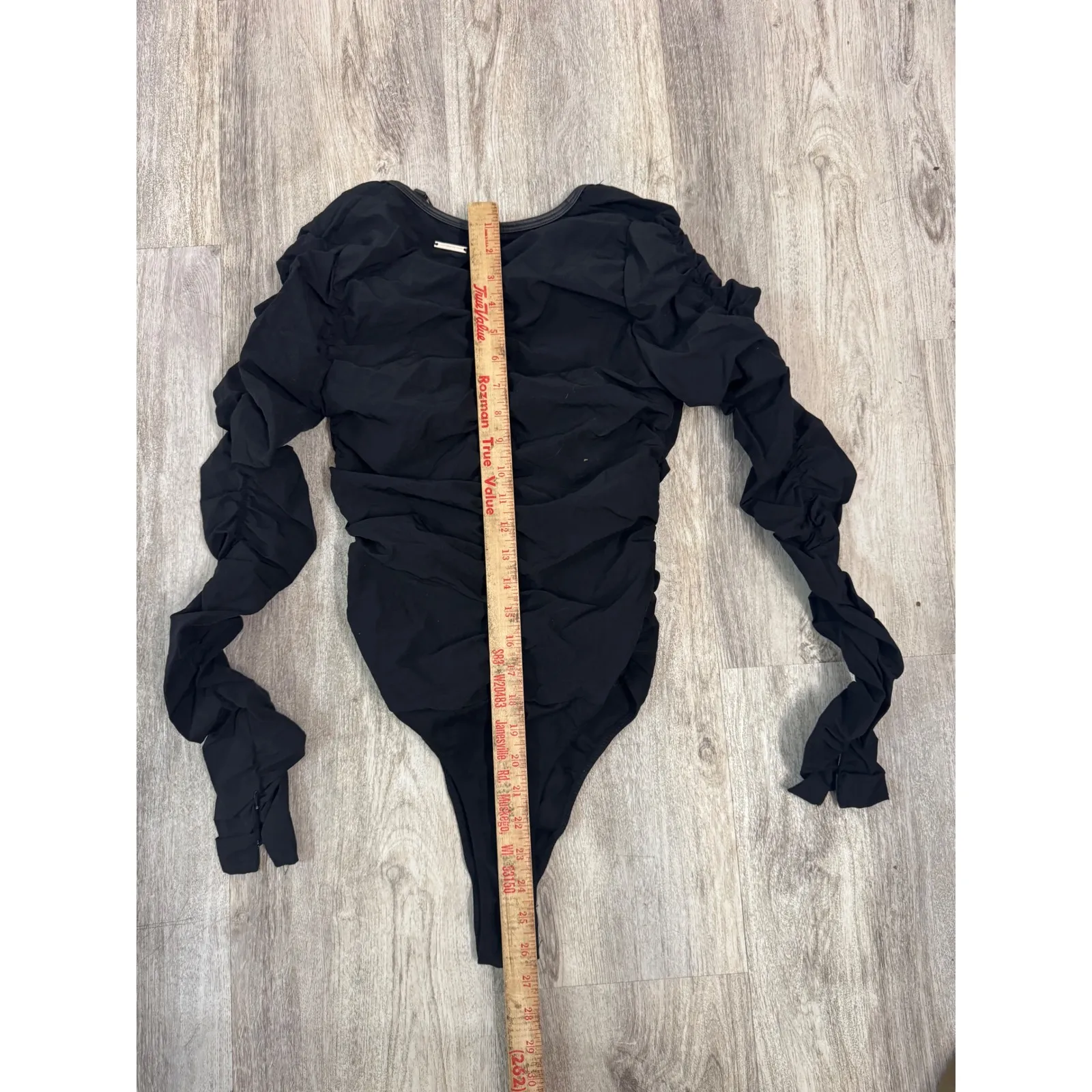 MANIERE DE VOIR Black Ruched Long Sleeve Bodysuit V Neck Zipper Detail Size 4 - Image 7