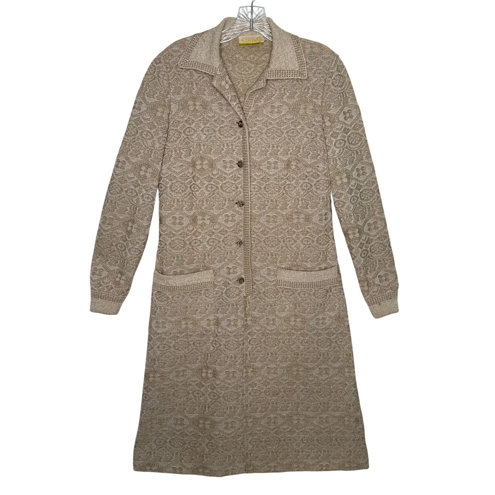 Vintage 70's Tannel Knit Jacquard Tan Sweater Dress button down Pockets medium - Image 2