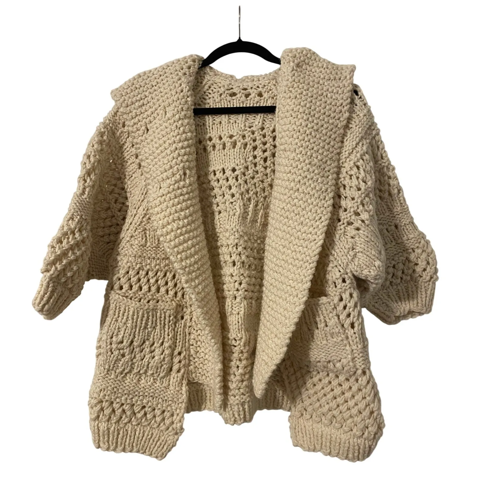 Vintage Handmade Chunky Knit Open Front Cream Cardigan Sweater Medium Heritage - Image 1