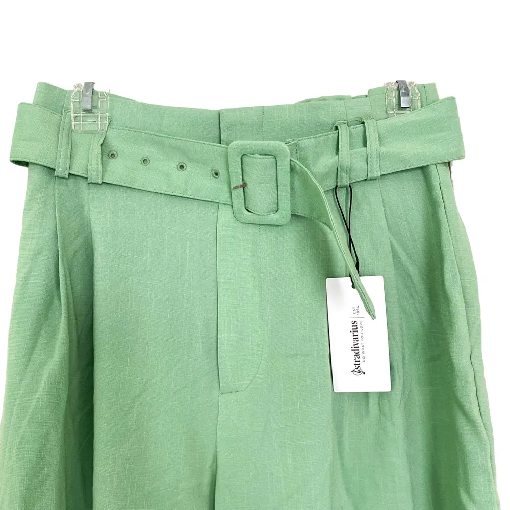 Stradivarius Asos Green Mid Rise Belted Wide Leg Slacks Size Medium - Image 4