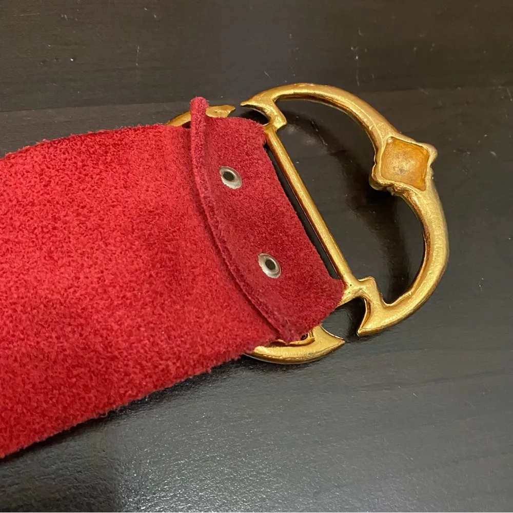 Vintage Red Soft Suede Leather with Gold Buckle Belt - Image 7