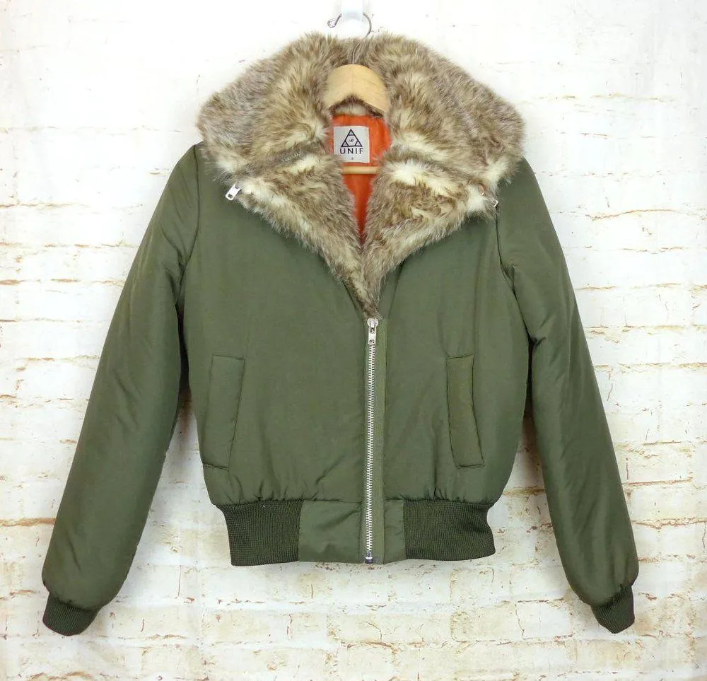 UNIF Bomber Jacket Womens S Olive Green Amelia Faux Fur Collar Grunge Army - Image 4